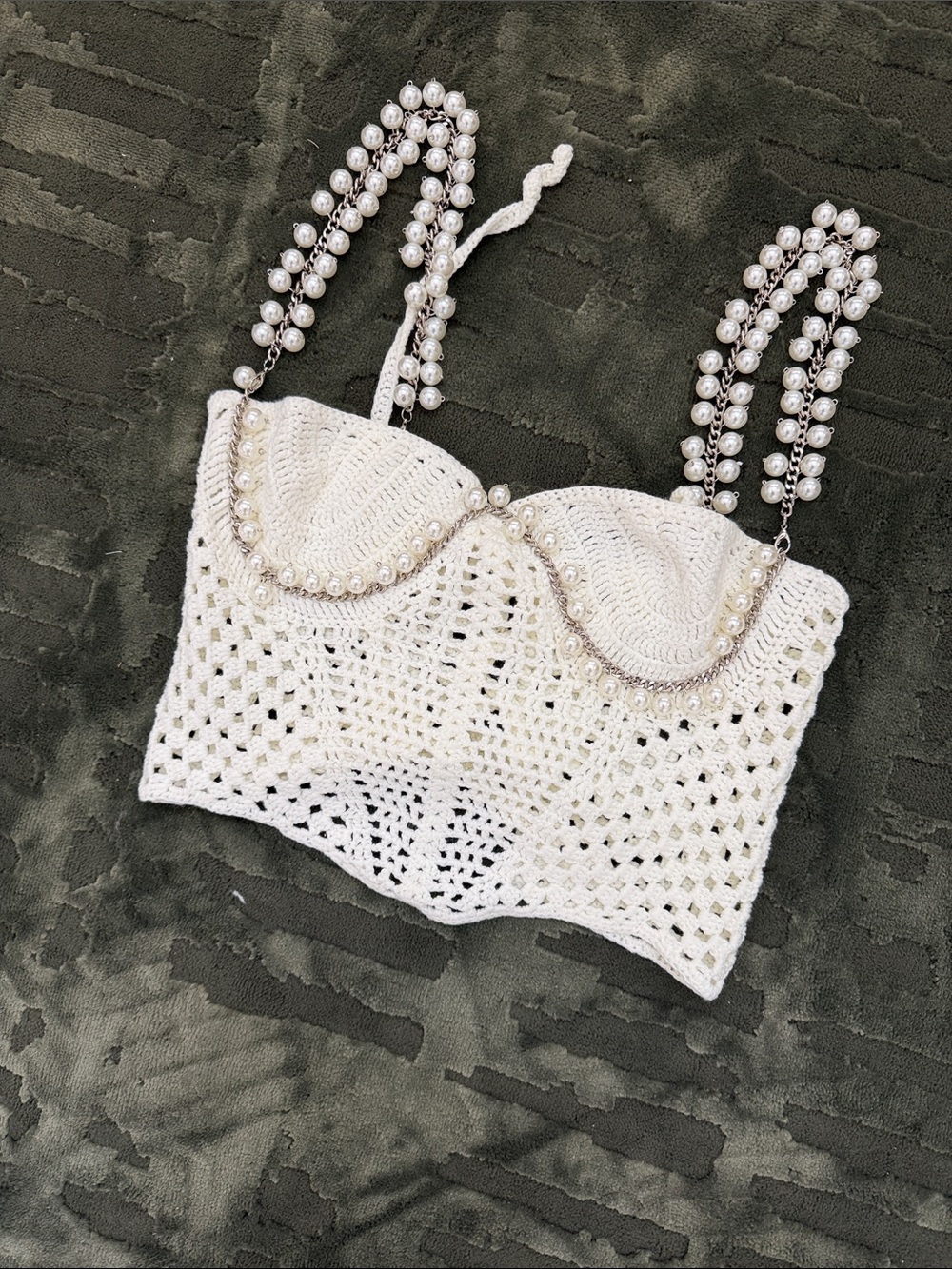Pearl-Embellished Crochet Bralette Top in Ivory